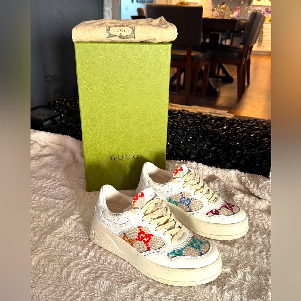 Gucci Dali Platform Sneakers White Leather & Multicolor Embroidery